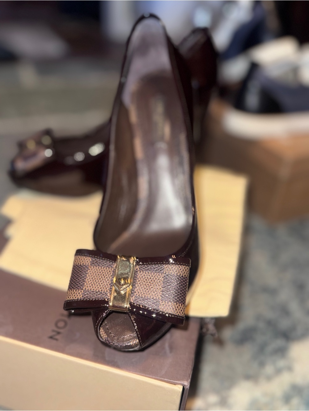 Louis Vuitton Brown Patent Peep-Toe Heels with Bow